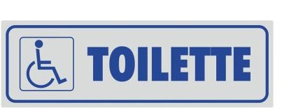 Etichetta adesiva con simbolo "Disabili" e dicitura "Toilette", formato 14x4 cm