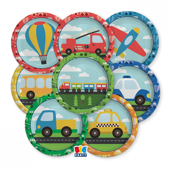 Piatto cartoncino fantasia "Veicoli", diametro 18 cm, confezione da 8 pezzi