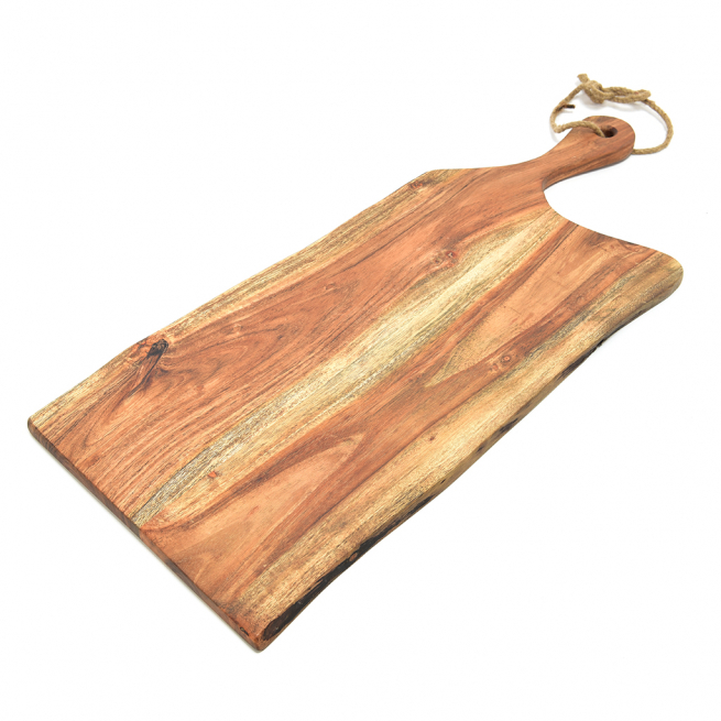 Tagliere in legno naturale con manico e corda, formato 24x60 cm