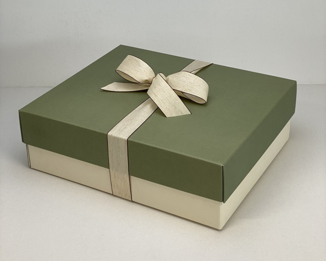 Scatola base rettangolare avorio con coperchio verde, 33x39x14 cm, cartone da 25 pezzi