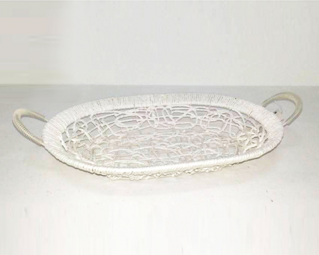 Vassoio ovale di ferro bianco con maniglie, formato 30x40 cm altezza 5 cm