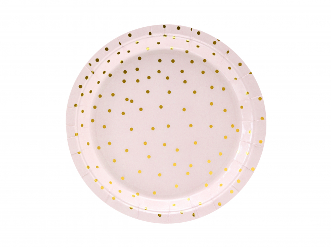 Piatto in cartoncino rosa con pois, diametro 18 cm, confezione da 6 pezzi