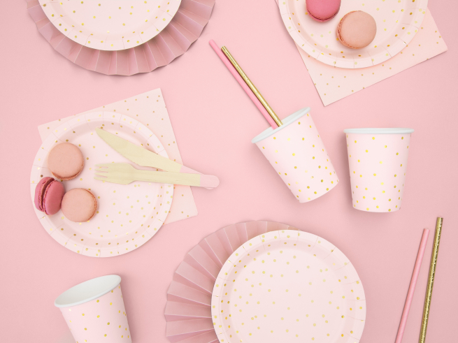 Piatto in cartoncino rosa con pois, diametro 18 cm, confezione da 6 pezzi