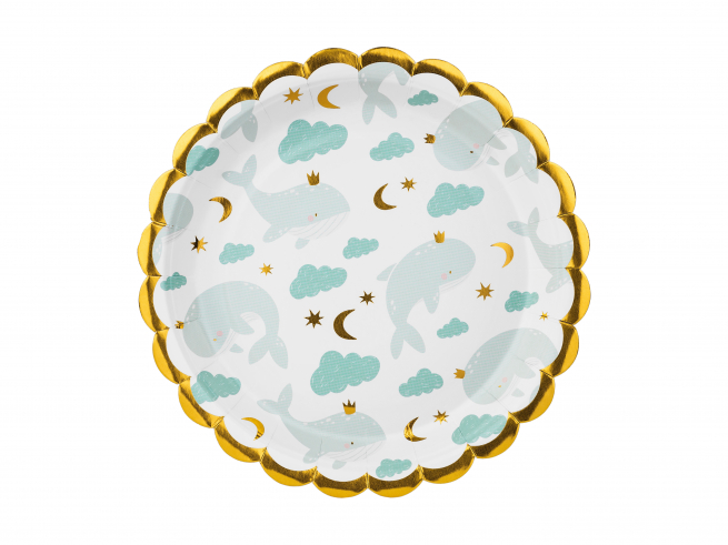 Piatto in cartoncino fantasia "Balene", diametro 18 cm, confezione da 6 pezzi