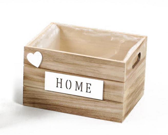 Cassetta di legno naturale con scritta "Home" e cuore, formato 20x26 cm, altezza 16 cm