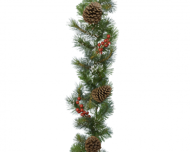 Ghirlanda di pino con bacche rosse e pigne, lunghezza 270 cm