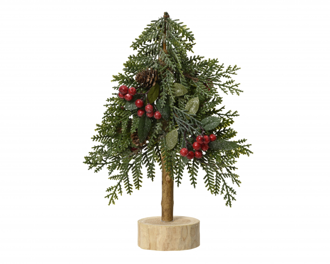 Pino con bacche su base in legno, altezza 30 cm