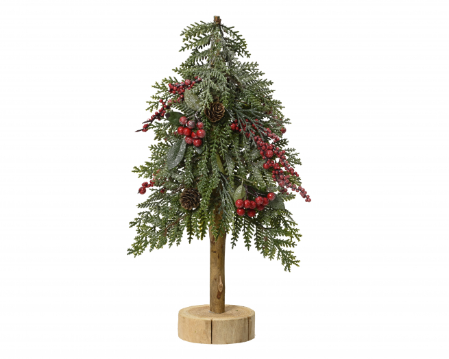 Pino con bacche su base in legno, altezza 40 cm