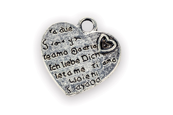 Ciondolo a forma di cuore con scritte, altezza 2 cm, confezione da 6 pezzi