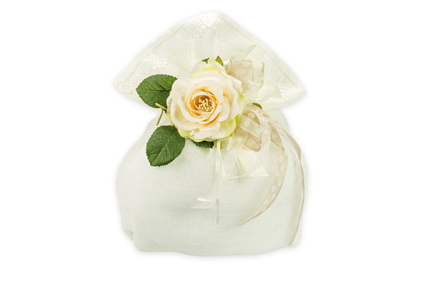 Sacchetto in lino panna con pizzo e decori, 25x30 cm, confezioone da 5 pezzi