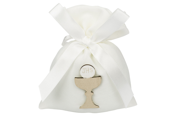 Sacchetto in tessuto bianco con applicazione calice in legno,10x12 cm, confezione da 10 pezzi