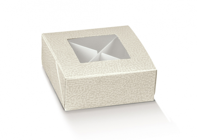 Scatola base quadrata con finestra trasparente in cartoncino effetto pelle bianco perlato, 10x10x4 cm, confezione da 10 pezzi