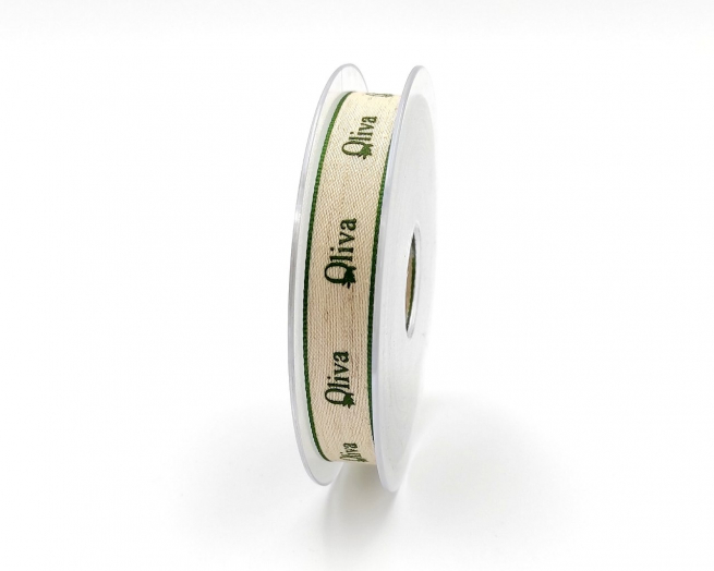 Fettuccia di lino panna con scritta "Oliva"e bordino verde, altezza 15 mm, lunghezza 20 metri