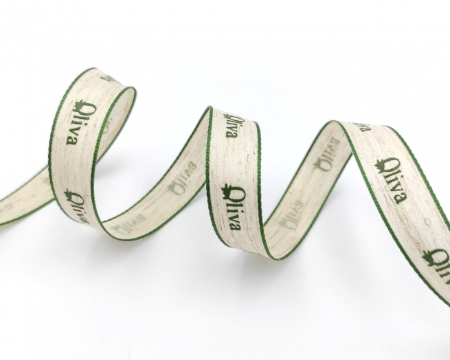 Fettuccia di lino panna con scritta "Oliva"e bordino verde, altezza 15 mm, lunghezza 20 metri