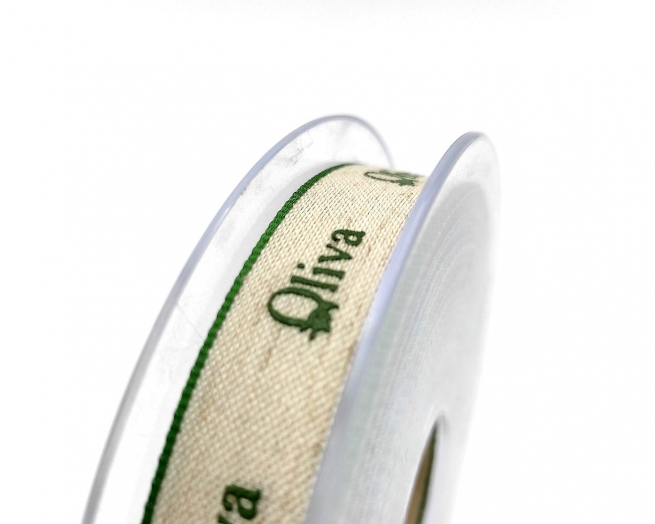 Fettuccia di lino panna con scritta "Oliva"e bordino verde, altezza 15 mm, lunghezza 20 metri