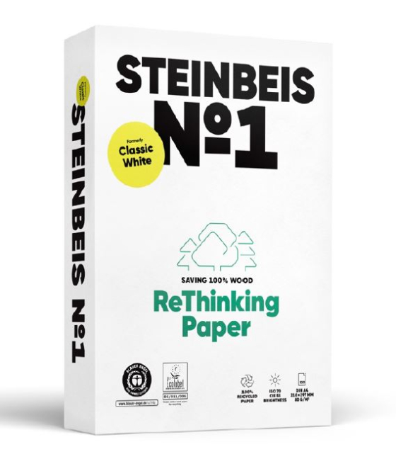 Risma di carta "Steibeis" bianca riciclata da 80 gr/mq, formato A4, risma da 500 fogli