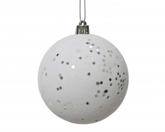 Sfera infrangibile bianca con paillettes argento, diametro 8 cm