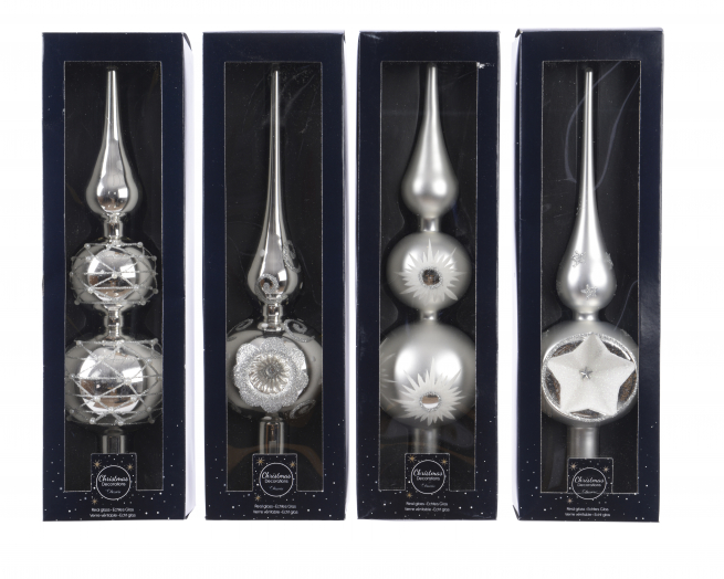 Puntale in vetro decorato argento, altezza 31 cm, modelli assortiti