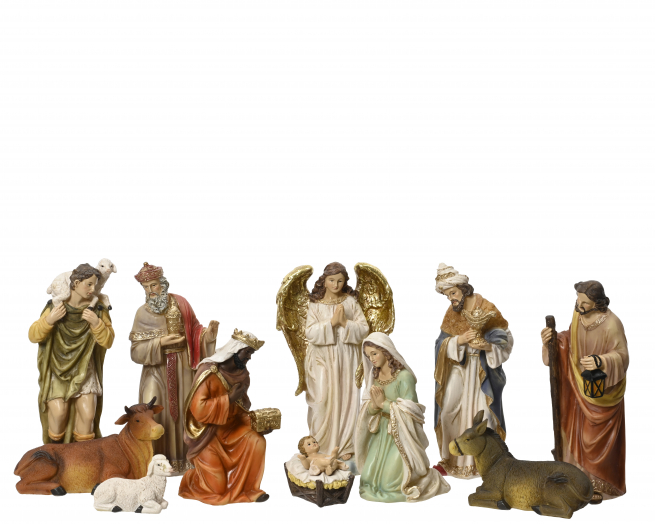 Natività in poliresina dipinta, altezza 11 cm, composizione da 11 pezzi