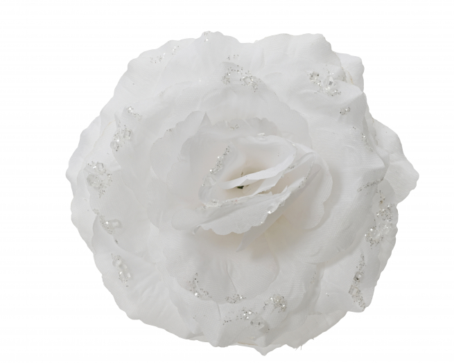 Rosa bianca con ghiaccio glitter su clip, diametro 14 cm