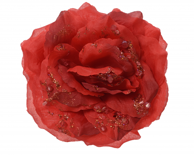 Rosa rossa con ghiaccio glitter su clip, diametro 14 cm