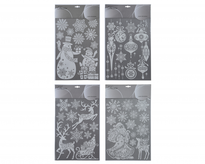 Vetrofania con decori bianchi glitterati, foglio 29.5x49.6 cm, soggetti assortiti
