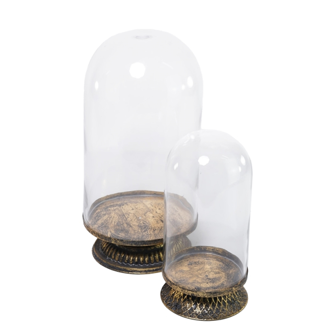 Alzata in metallo oro antichizzato con cupola in vetro, varie misure