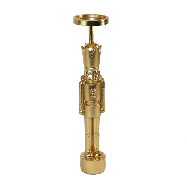 Portacandela soldato schiaccianoci in resina oro, altezza 42 cm