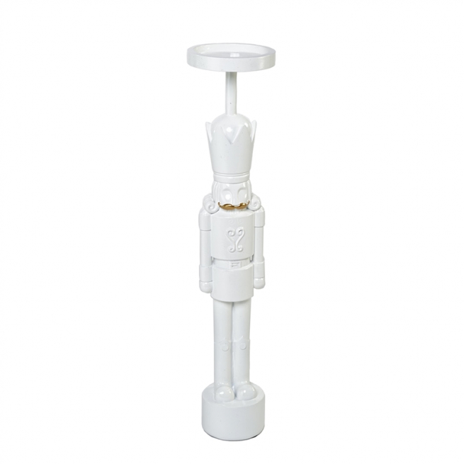 Portacandela soldato schiaccianoci in resina bianco, altezza 42 cm