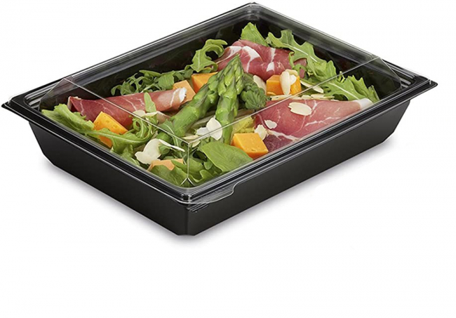 Vaschetta rettangolare nera in R-PET con coperchio trasparente, 17x23 h.4.5 cm 1200cc, confezione da 30 pezzi