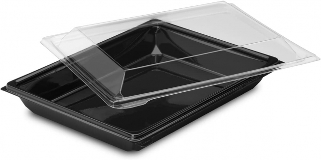 Vaschetta rettangolare nera in R-PET con coperchio trasparente, 17x23 h.4.5 cm 1200cc, confezione da 30 pezzi