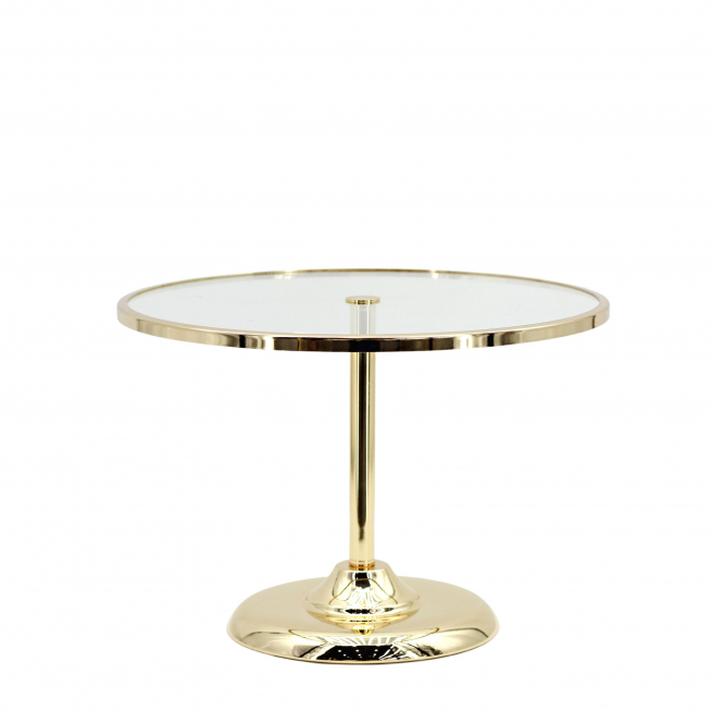 Alzata tonda con piano in vetro e base metallo oro, altezza 25 cm