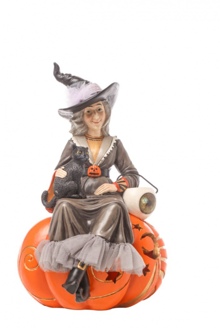 Strega in resina su zucca con luce, altezza 25.5 cm