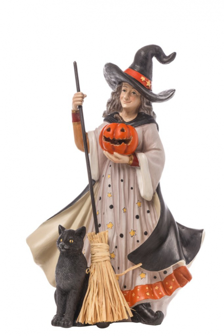 Strega in resina con gatto nero, altezza 32 cm