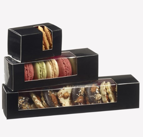 Scatola porta macaron in cartoncino nero lucido con finestra trasparente