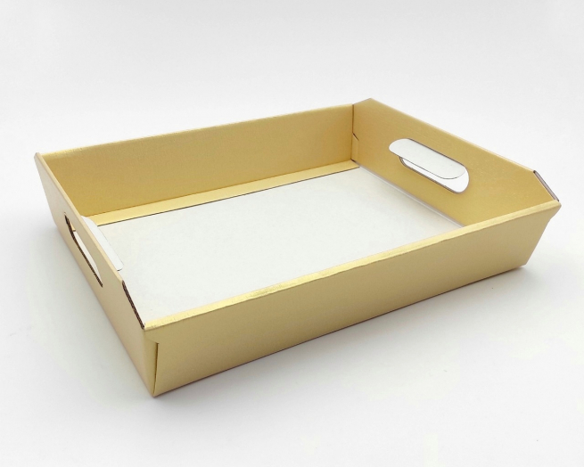 Scatola cesto automontante in cartoncino goffrato oro, 26x35x7 cm, confezione da 2 pezzi
