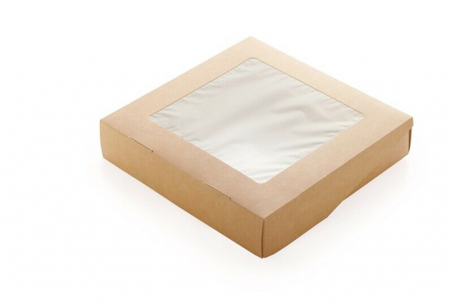 Contenitore in cartoncino avana con finestra, base quadrata 200x200mm,