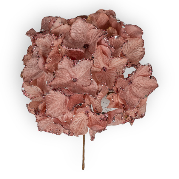 Pick ortensia rosa con glitter, altezza 28 cm