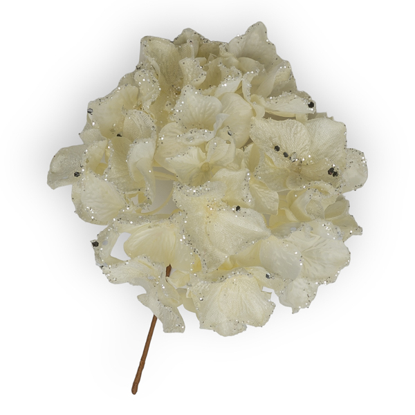 Pick ortensia bianca con glitter, altezza 28 cm