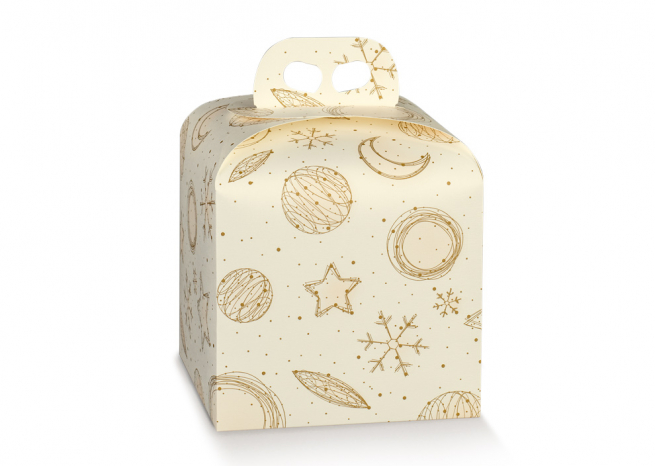 Scatola porta panettone in cartone bianco perlato fantasia "White Universe", cartone da 50 pezzi, vari formati