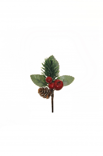 Pick con pino e bacche, altezza 11.5 cm, confezione da 12 pezzi