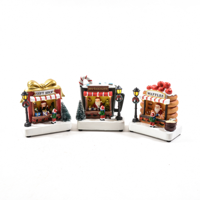 Negozio natalizio in resina con luci, altezza 13.5 cm, soggetti assortiti in scatola regalo