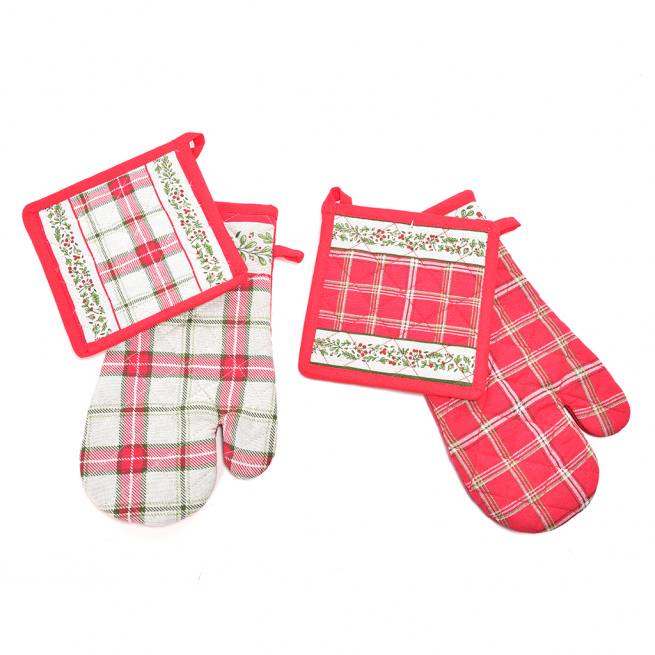 Presina e guanto da cucina in cotone, set da 2 pezzi, fantasie natalizie assortite