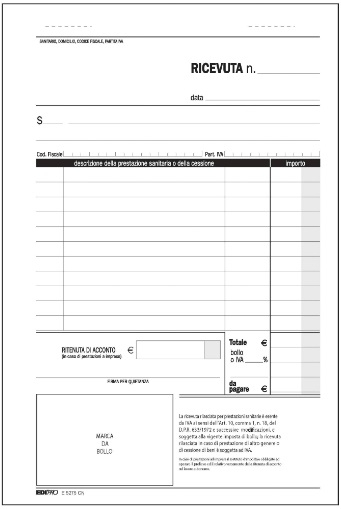 Blocco da 50 ricevute sanitarie 2 copie autoricalcanti, formato 15x22 cm