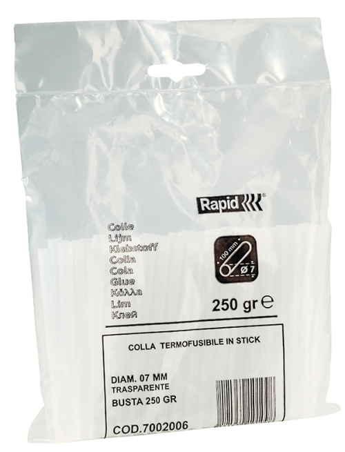 Colla in stick per pistola a caldo, diametro 7 mm, confezione da 250 gr