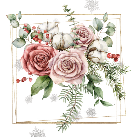 Tovagliolo in carta 3 veli stampa  "Agrifoglio e Rose", 33x33 cm, confezione da 20 pezzi
