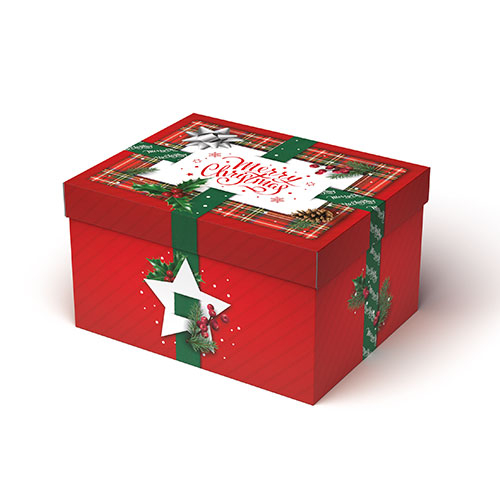 Scatola base rettangolare con coperchio, fantasia rossa "Tartan", cartone da 10 pezzi, vari formati