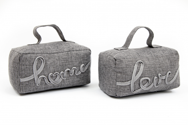 Fermaporta in tessuto grigio con scritta "Home"/"Love", 10x18 cm