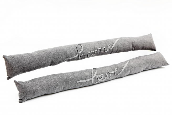 Paraspifferi in tessuto grigio con scritta "Home"/"Love", 12x90 cm