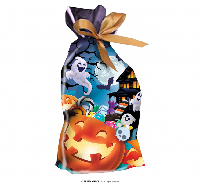 Sacchetto "Zucche e fantasmi" per dolcetti con chiusura legannoda, 13x13 cm, confezione da 20 pezzi